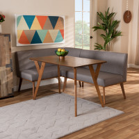 Baxton Studio BBT8054-Grey/Walnut-3PC Dining Nook Set Odessa Mid-Century Modern Grey Fabric Upholstered and Walnut Brown Finished Wood 3-Piece Dining Nook Set